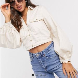 Beige Puff Sleeve Relaxed Utility Crop Top with Buttons & Collar